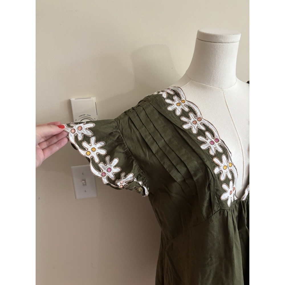 Anthropologie Pintuck Embroidered Mini Dress Coverup Floral Boho XS Small Green - Picture 2 of 9